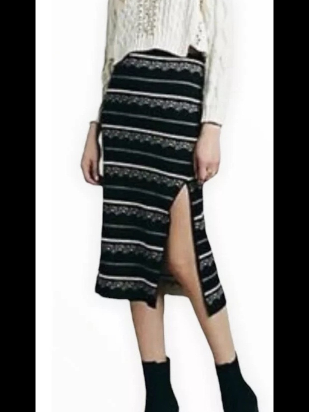 House of Harlow 1960 Black Striped Midi Skirt with Side Slit Detail